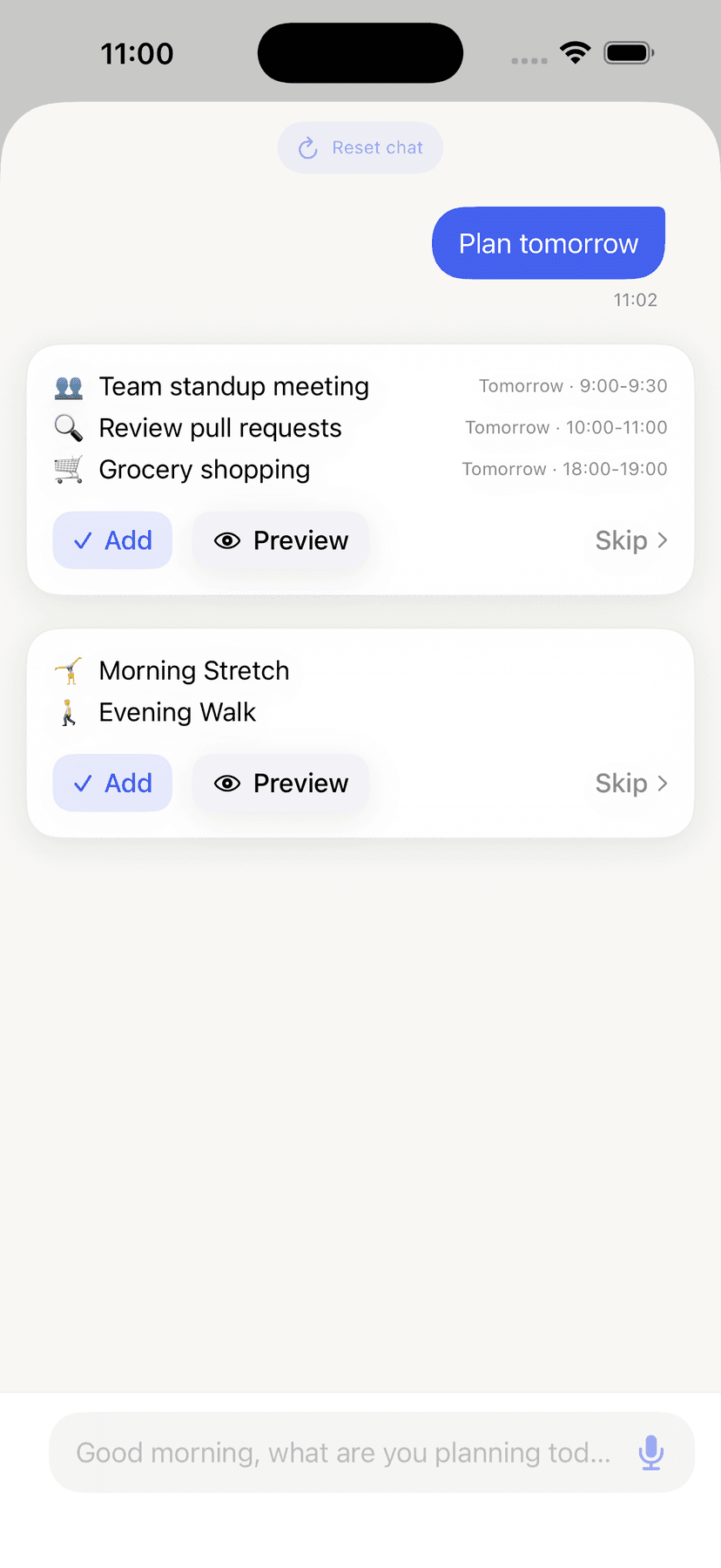 AI Assistant creating a Workout Week Plan with tasks