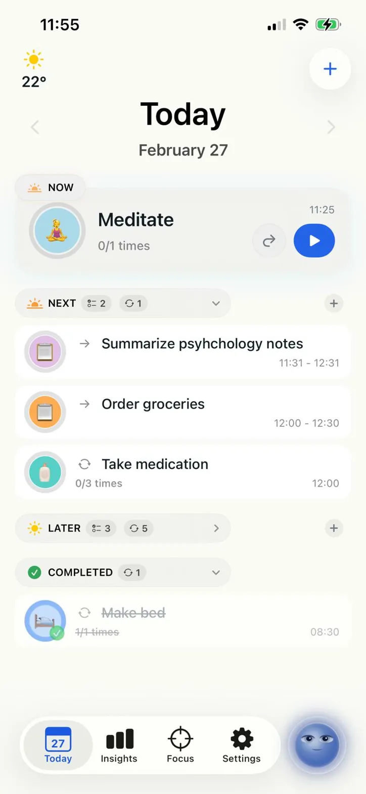 Today View with Now Card, upcoming tasks, and completed section