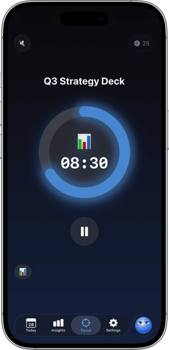Ducivo Focus Mode: a full-screen timer on the current task with distractions muted