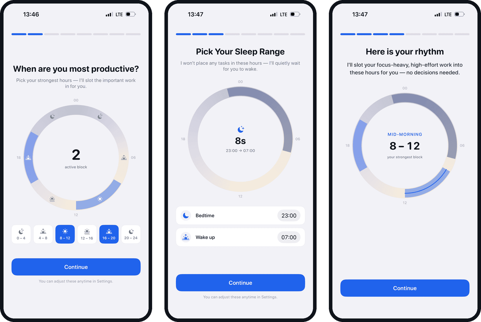 Ducivo onboarding: picking your most productive hours on a 24-hour dial, setting your sleep range, and seeing your personal rhythm with the strongest block highlighted