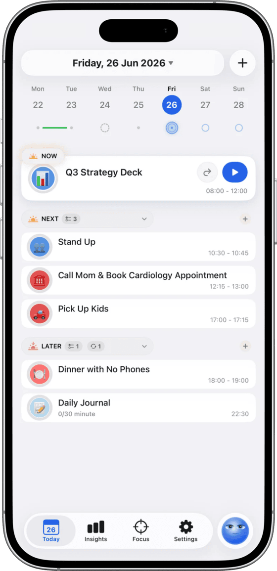 Ducivo Today view: the current task front and center, with the next tasks and later blocks laid out below